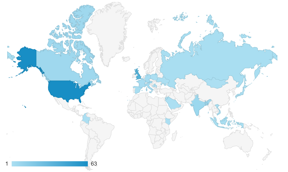 Google Analytics map of users of this site